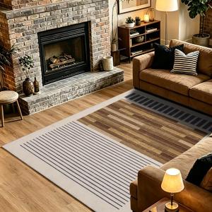 YIHOUSE Washable Area Rug 5x7 Modern Striped Lines Black and Brown - Living Room Rugs Low Pile Non-Slip - Black and White Rug for Bedroom Farmhouse Hardwood Decor