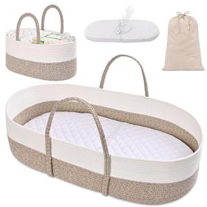 Changing Baskets Set,Moses Basket with Pad and Diaper Caddy,Set of 2 Baskets,Portable Cotton Rope Woven Basket,Replaceable Pad,Gifts for Newborn 28.7" x 15.7" x 7.8"Brown
