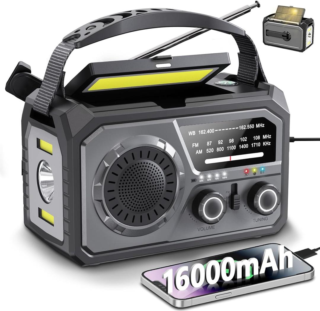 Emergency Radio Solar Crank Battery - 16000mAh/59200mWh Portable Survival Weather Radio AM FM NOAA Powered Phone Charger with LED Flashlight, Reading Lamp, SOS Alarm, Headphone Jack, Grey