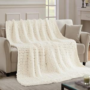 YJLMLY Chunky Knit Throw Blanket,60x80 Inch Heavy 6.8lbs, Hand Knit Chenille Couch Blanket, Soft Cable Knit Gift for Women Mom Wife, Modern Home Decor