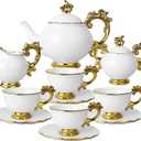 fanquare 15 Piece Vintage Porcelain Tea Set for 6, White Large Tea Cups Set, Tea Party Set for Adults