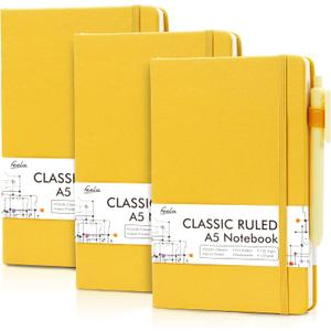 feela 3 Pack Notebooks Journals Bulk with 3 Black Pens, A5 Hardcover Notebook Classic Ruled Lined Journal Set with Pen Holder for Work Business Journaling Note Taking, 120 GSM, 5.1x8.3, Yellow (3 Pack yellow)