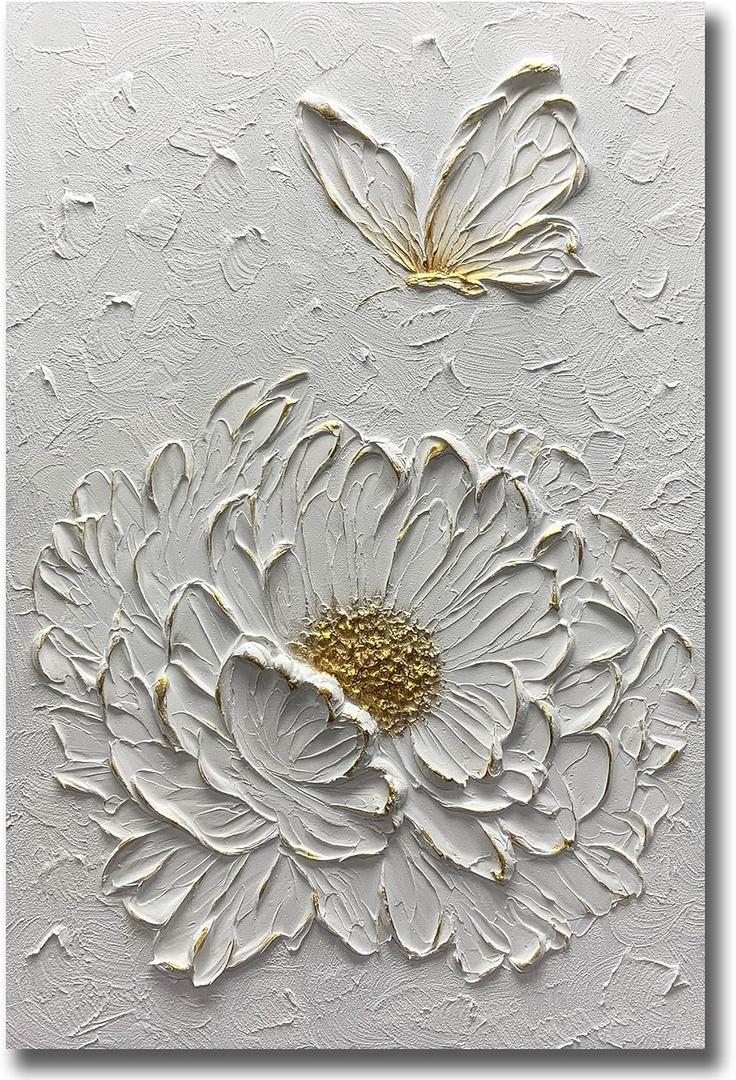Boiee Art,24x36Inch Hand Painted Creamy Textured Wall Art Elegant Floral Wall Decor Art Minimalist Butterfly Artwork White and Gold Flower Oil Painting for Home Office