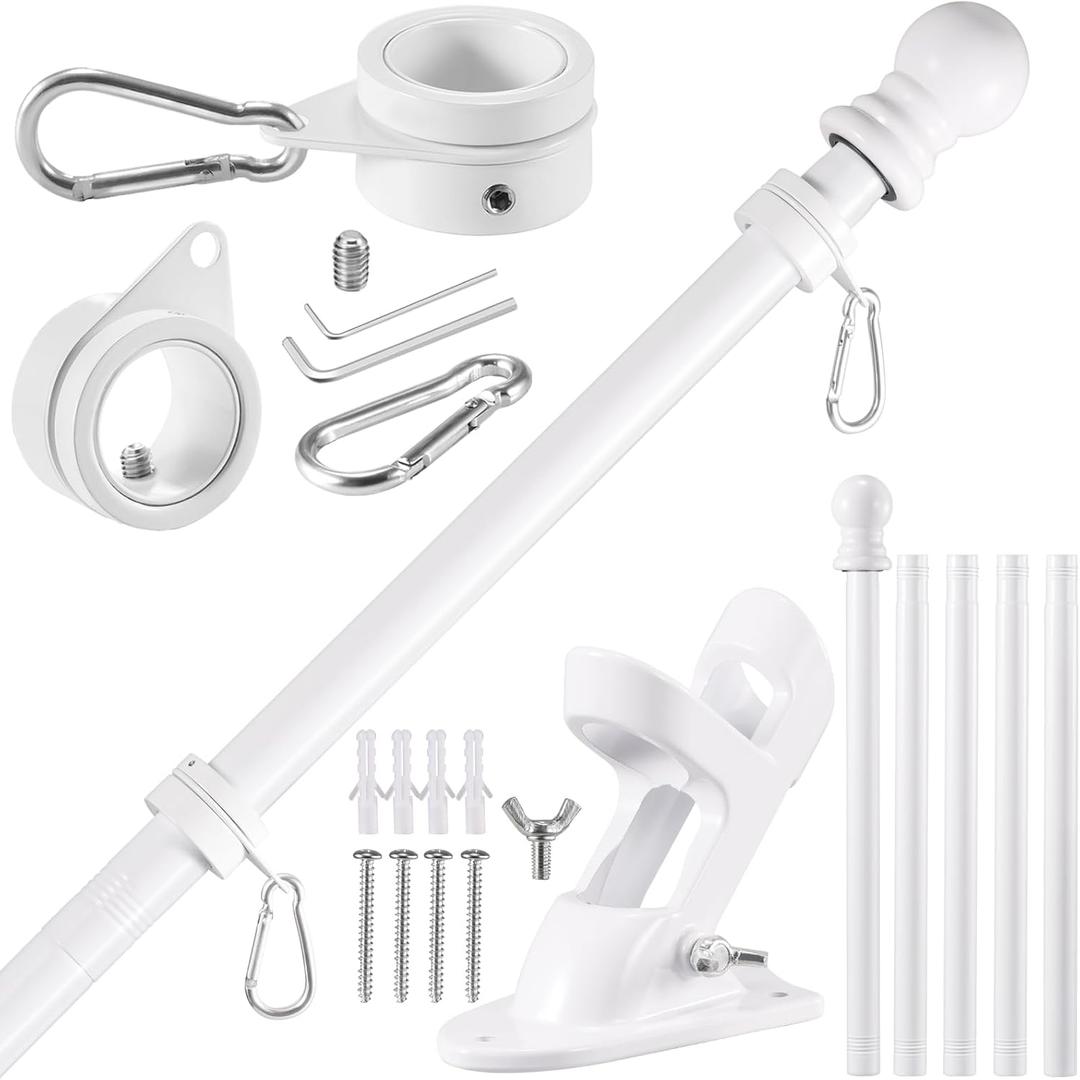 BONWIN White Flag Pole Kit for Outside House, 6FT Thickened Stainless Steel Wall Mount Flag Pole for 3x5'/ 4x6' Flag, 1" Anti-Wrap Spinning Flag Ring Clips & 2-Position Bracket Holder for Porch Yard