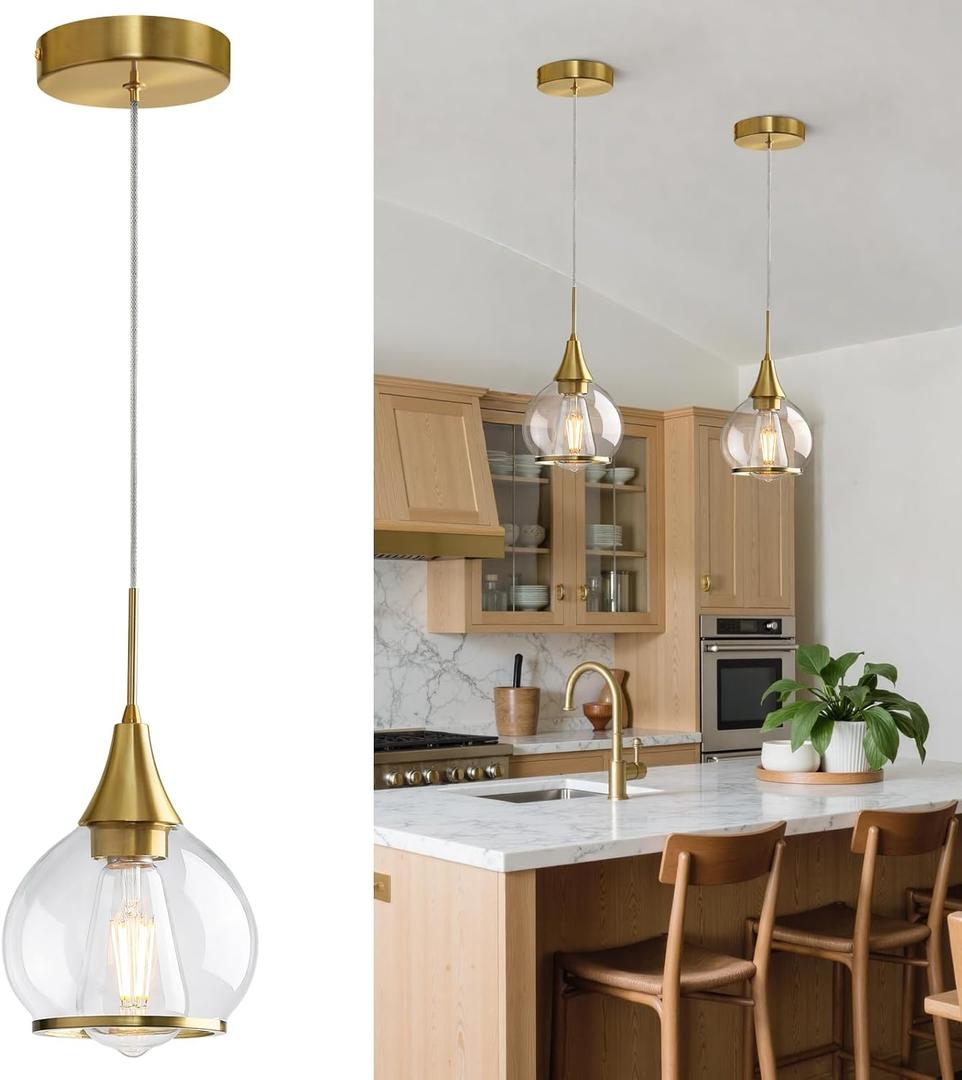 Pendant Light Fixtures Kitchen: Brushed Gold Farmhouse Island Light with Clear Glass - 6 Inch Mid Century Globe Kitchen Lighting Chandeliers Ceiling for Dining Room (1 Pack-6inch)