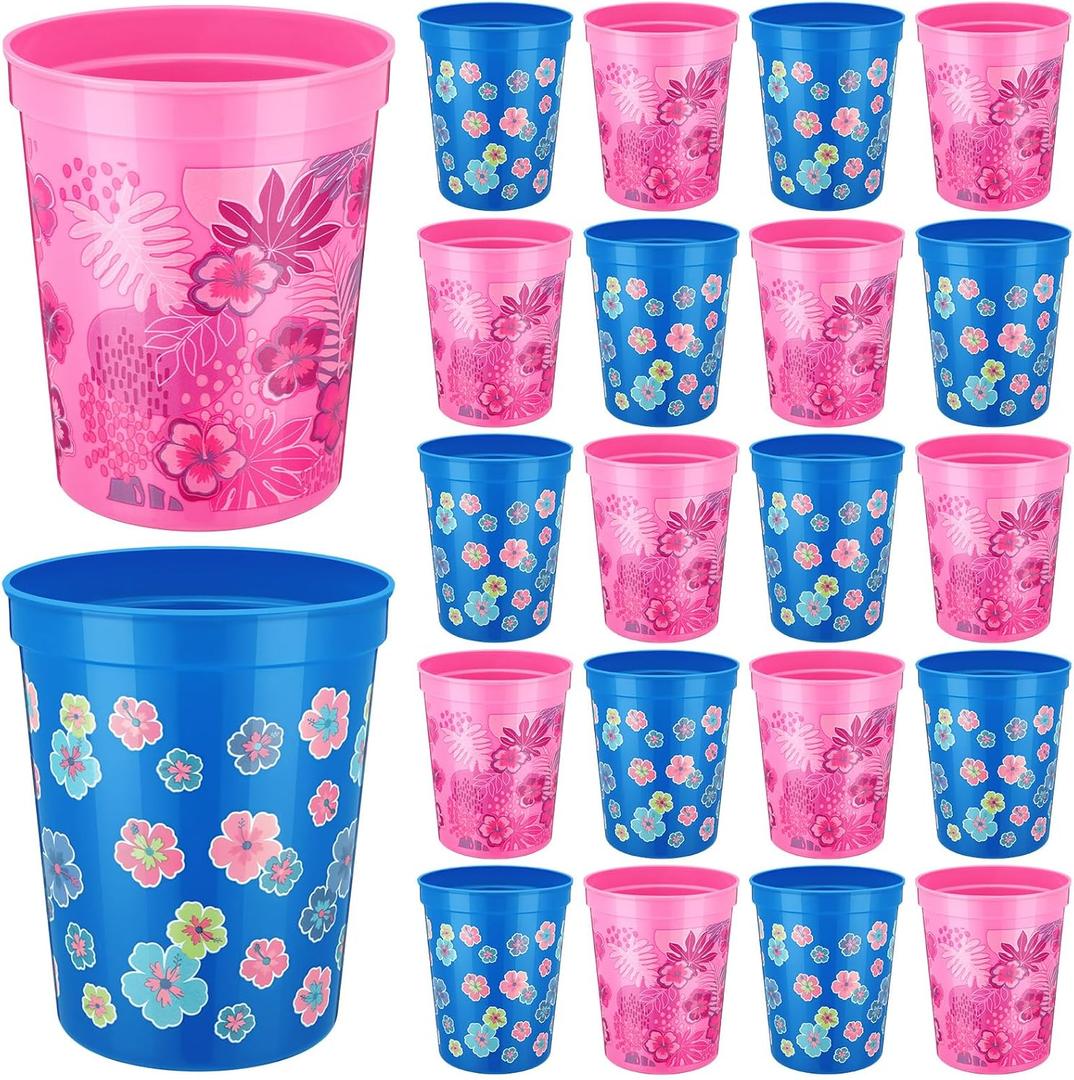 Qinyoung 24 Pcs Cartoon Party Decoration Cups 16oz Reusable Plastic Cups Cartoon Themed Birthday Party Favor Tumblers Bulk for Smoothie Juice Ice Coffee, Blue, Pink
