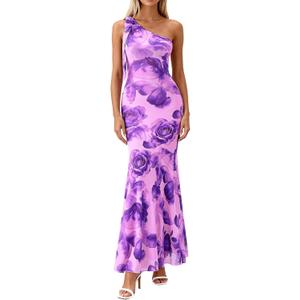 PRETTYGARDEN Womens Summer One Shoulder Maxi Dress 2026 Floral Sleeveless Bodycon Mesh Long Beach Vacation Sun Dresses (Purple)