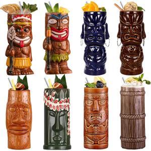 Cocktail Tiki Mugs Set Of 8 - Cute Ceramic Hawaiian Style Cocktail Glasses For Party And Tropical Tiki BarMai Tai Drinkware
