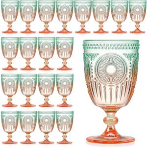 XUWAIDSGN 24Pcs Plastic Vintage Wine Glasses 13.5oz Reusable Embossed Goblet Glasses Green Orange Gradien Retro Wine Glassware Unbreakable Stemmed Champagne Water Cups for Cocktail Juice Wedding, 3.5"x 6.3"