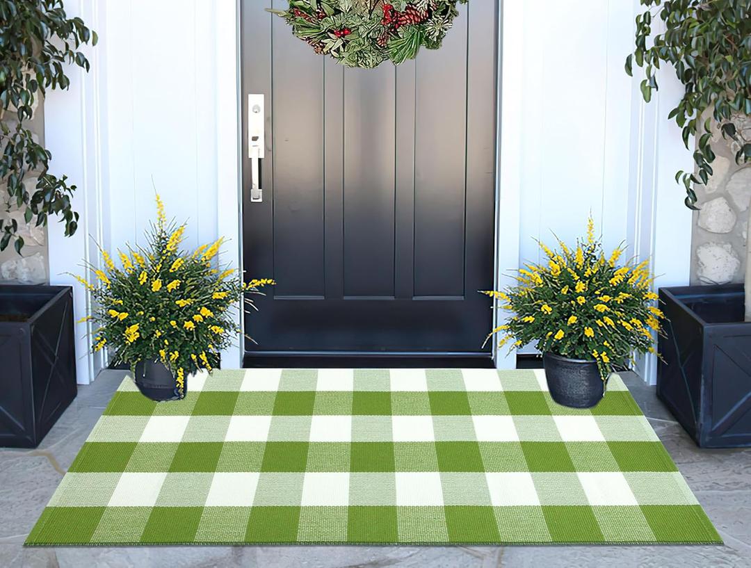 Buffalo Plaid Outdoor Rug 24''x51''Green and White Checkered Front Porch Rug Cotton Woven Washable Door Mat Outdoor for Layered Hello Welcome Door Mat Farmhouse Entryway