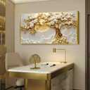 Large Framed Golden Yellow Tree Wall Art, Luxury Floral Canvas Decor with Yellow Moon, Ready to Hang Wall Hanging for Living Room Bedroom Office, 29x58 Inch.
