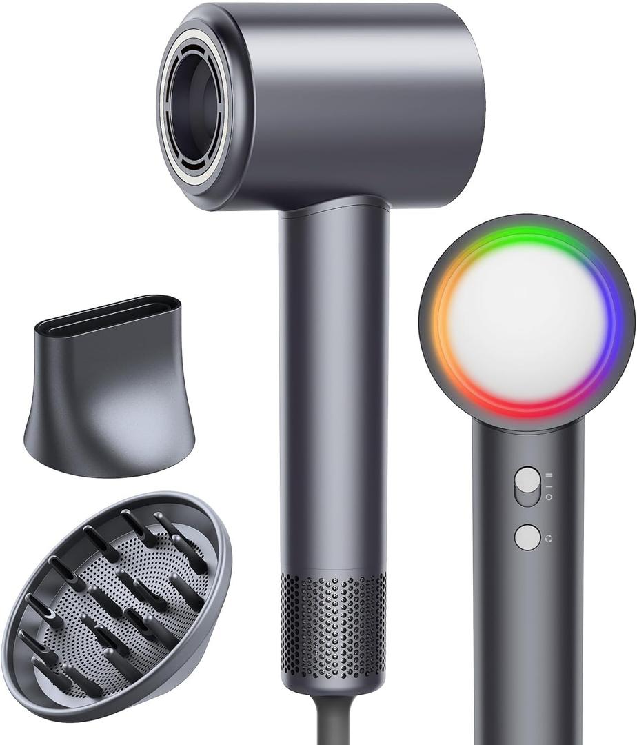 16W RPM High-Speed Hair Dryer for Fast Drying, Quiet lonic Blow Dryer with Frizz Control & No Heat Damage, Lightweight Travel Hair Dryer with Magnetic Nozzles for Curly & Straight Hair (Gray)