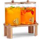 2 PCS 1 Gallon Drink dispenser, Glass Beverage Dispenser With Wood Stand, Large Water Drink Dispensers for Parties With Stainless Steel Spigot, Ideal for Lemonade, Juice, Tea, and Party Drinks