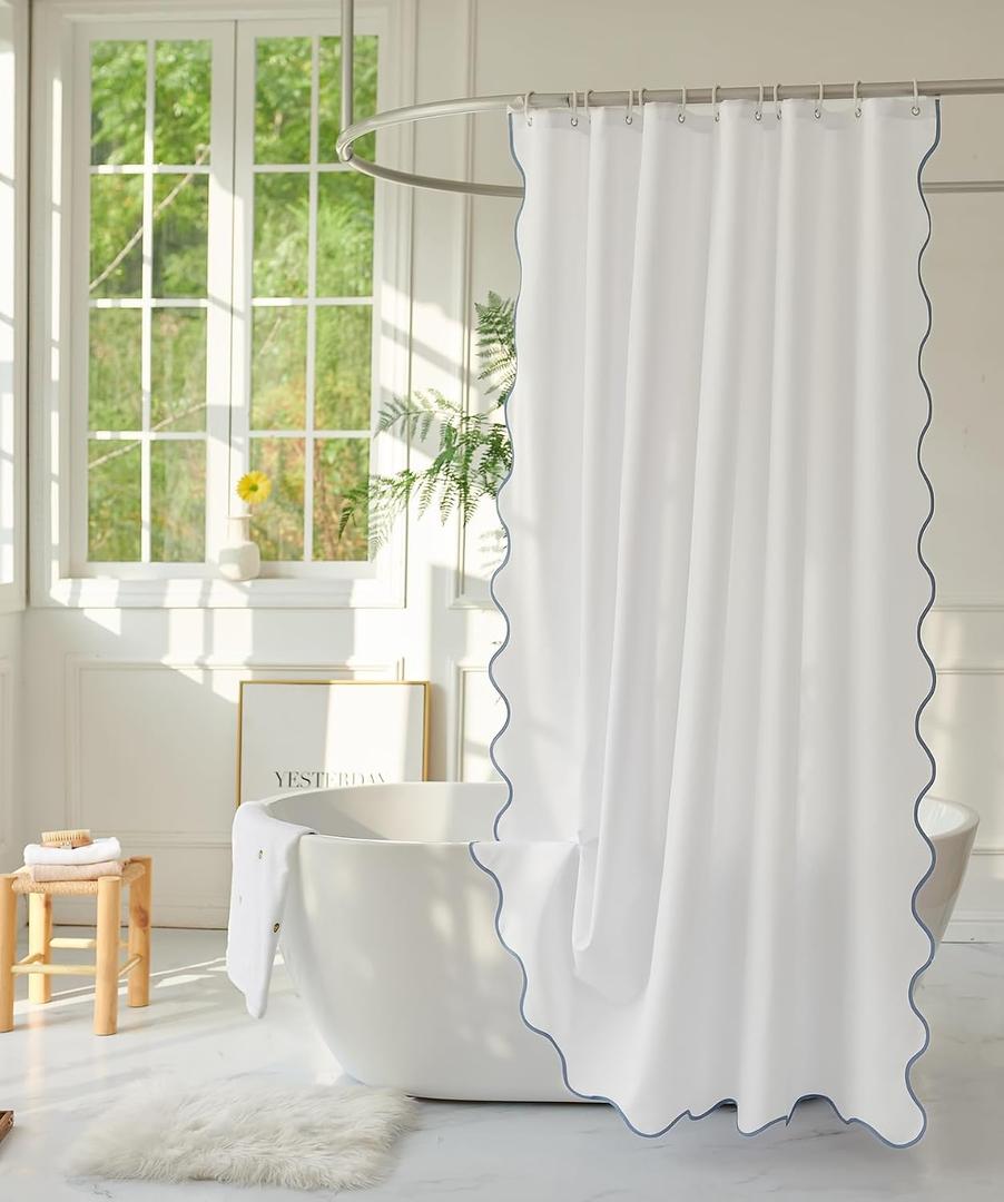 White Fabric with Water Blue Scalloped Border Shower Curtain,Boho Chic Cloth Shower Curtain for Bathroom Showers,72 x 72 Inches