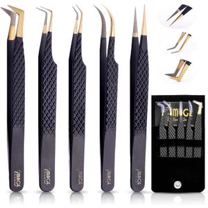 5 Pcs Fiber-Tip Japanese Steel Lash Tweezer Set with Leather Case, Professional Eyelash Tweezers for Lash Extensions  Titanium Coated, 90 & 45 Angled, Precision Pointed Tweezers (MATT BLACK)