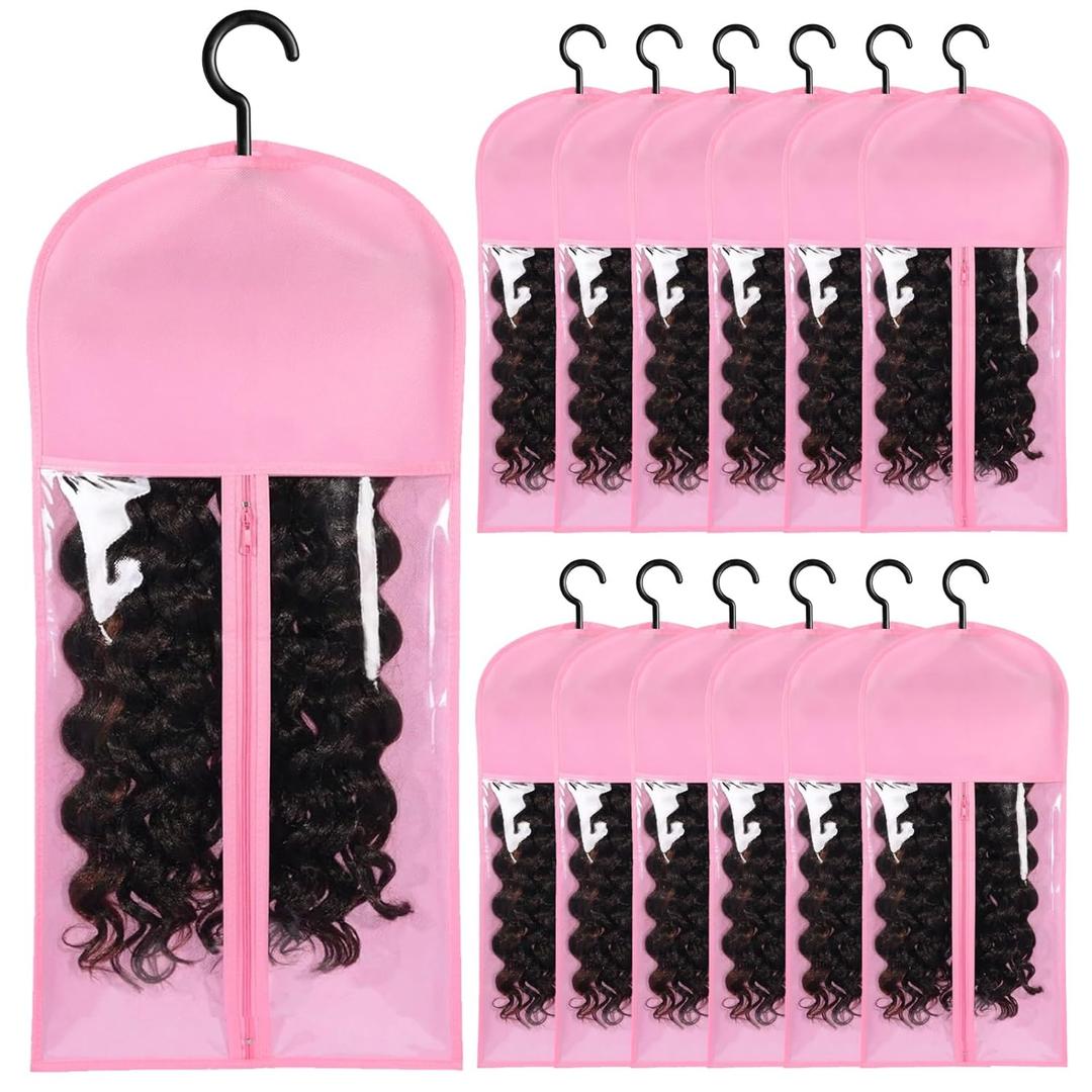 12PCS Wig Storage Wig Bags Storage with Hanger Hair Extension Holder Wig Hanger for Multiple Wigs Hair Extension Hanger Wig Holder Hair Extension Storage Hair Extensions, Wigs & Accessories (PINK) (12 PCS (23.5 Inch))