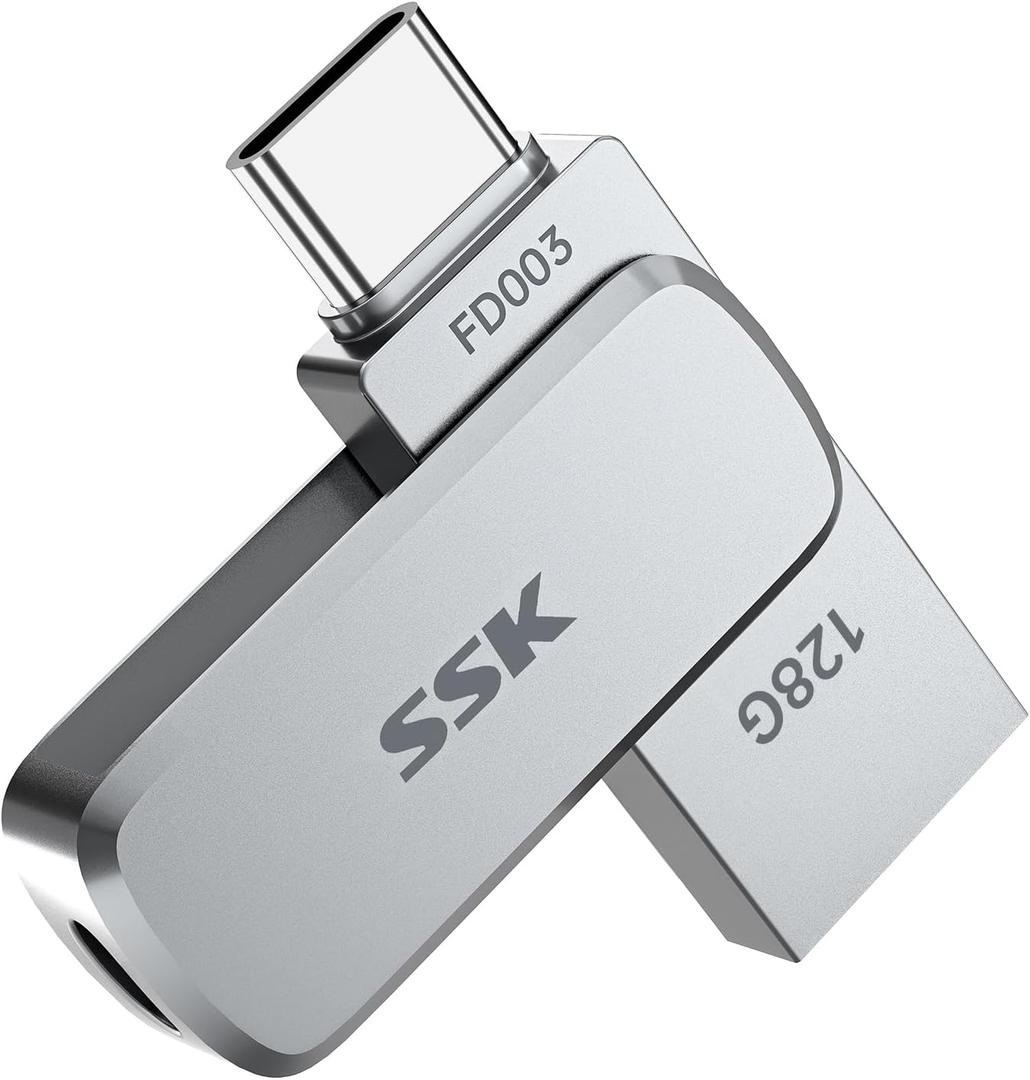 SSK 128GB Flash Drive USB C Thumb Drive up to 240 MB/s, Dual USB FlashDrive USB-C and A 3.2, Zinc Pendrive Memory Stick for iPhone 15/16Pro/Win/Android OTG with Water, Dust, and Drop Resistance