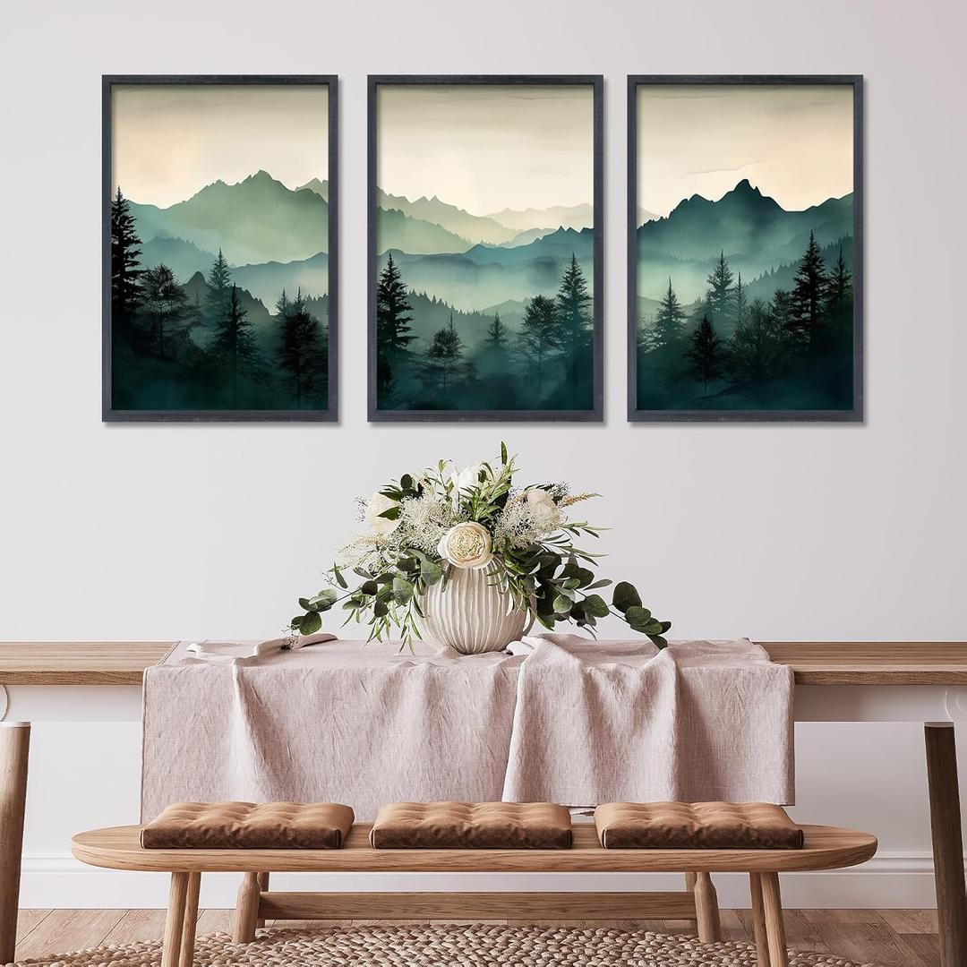 3 Piece Sage Green Mountain Wall Art 24x16 Inch Nature Landscape Forest Modren Wood Framed Sign Office Minimal Watercolor Pine Tree Pictures For Living Room Bedroom Wall Hang Decor (Black) (24L" x 16W", Black)