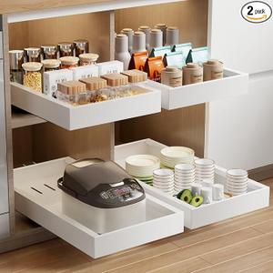 2 Pack Pull Out Cabinet Organizer, 21.8" Deep Slide Out Drawer for Cabinets Adhesive Pull Out Drawers Heavy Duty Pull Out Shelves for Kitchen, Cupboard, Pantry, Bathroom-White