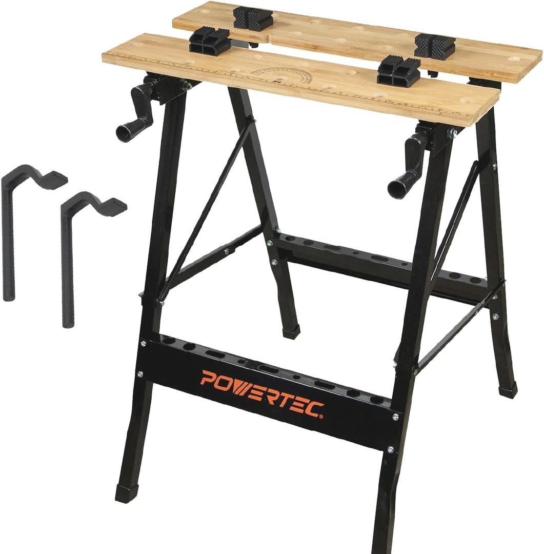 POWERTEC Portable Workbench & 2PK 8 inch Workbench Holdfast, Folding Work Table with Bench Dog Hole Clamp for Woodworking