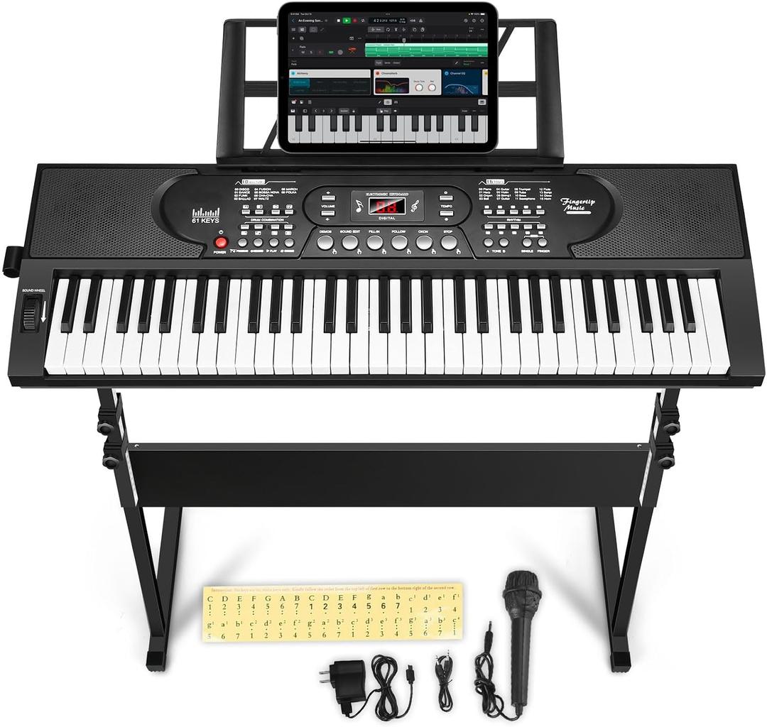 61 Key Portable Keyboard Piano with Stand, Electronic Keyboard Piano Kit, Microphone, Note Stickers, Music Rest, Digital Music Keyboard Built-In Speakers for Beginners