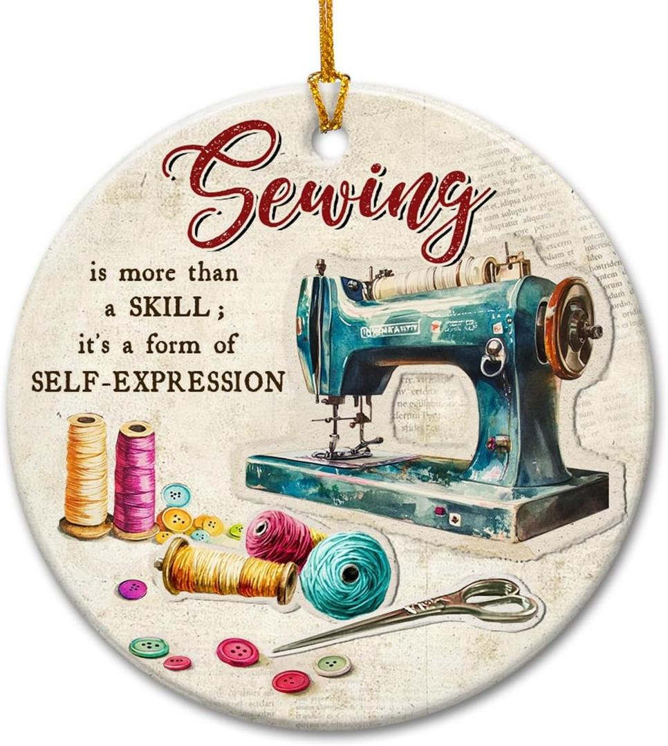 Sewing Machine Christmas Ornament 2025, Quilting Ornaments - Seamstress Gifts for Sewing Enthusiasts, Lovers, Sewers, Quilters Grandma, Mom - Round Ceramic Holiday Keepsake