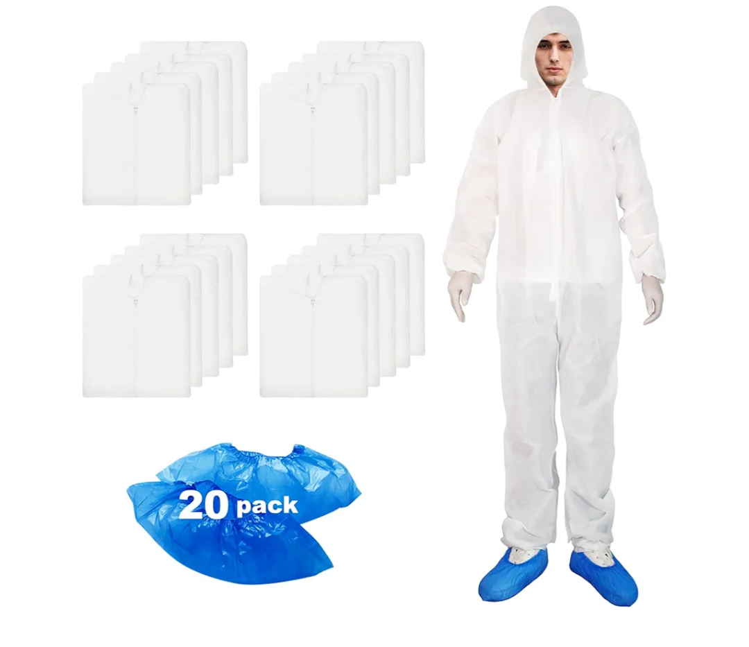 ETERNA Hazmat Suits- 20 Pack Disposable Protective Coveralls with Hood, Zipper, Elastic Wrists, Shoe Covers for Men & Women, Shield from Dirt, Dust, Paint (White, XX-Large)