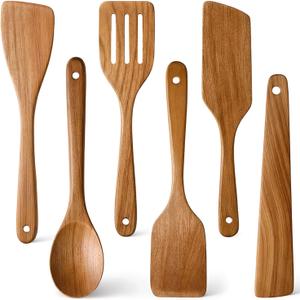 6 Pack Acacia Wood Spatula Set Non Toxic Kitchen Utensils for Cooking Spoon Flat Wooden Wok Spatula Spurtle Kitchen Tools Slotted Turner Scraper Bamboo Cooking Utensil Set Fish Egg Flipper Spatulas