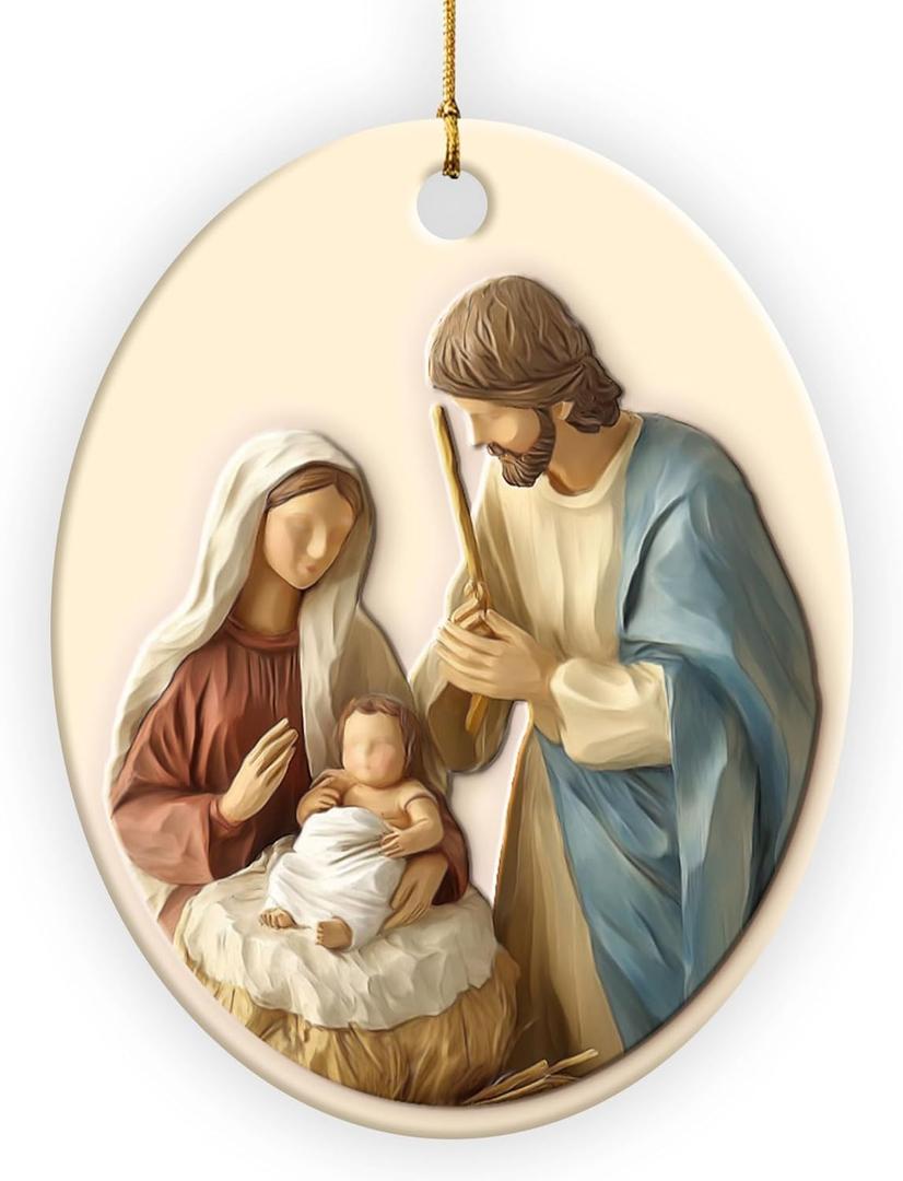 2 x Nativity Ornaments for Christmas Tree - Jesus Christmas Ornaments - Ceramic Ornament Nativity Scene - Holy Family Christian - Decorations Religious Gifts (Nativity)