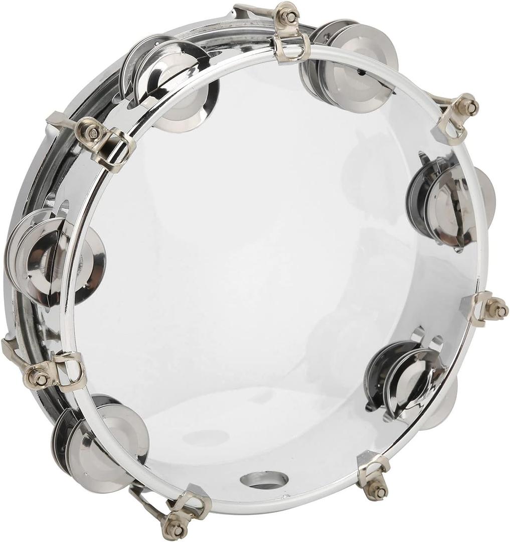 8in Tambourine Adjustable Tone Hand Drum Hand Held Percussion Educational Musical Instrument with Double Row Jingle Bells and Drum Key Transparent