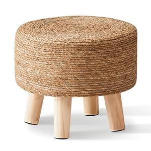 Cpintltr Foot Stool Natural Seagrass Hand Weave Poufs Round Ottoman for Couch Desk Soft Step Stool Padded Foot Rest with Non-Skid Pine Legs for Hallway Office Lounge Natural