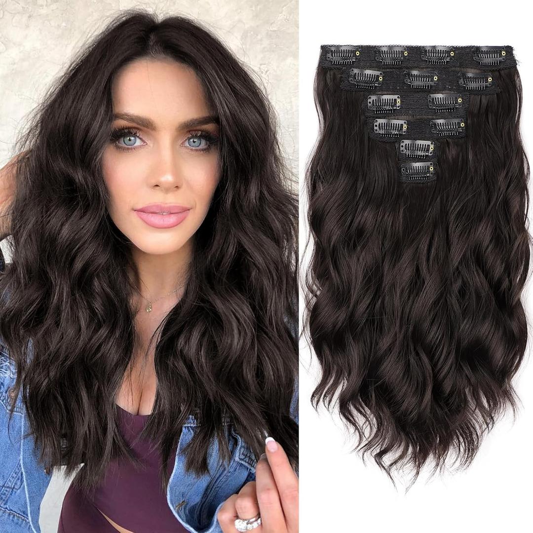 KooKaStyle 6PCS 14 Inch Short Hair Extensions Wavy Curly Clip in Extensions for Women - Dark Brown Synthetic Hairpieces for Daily Chic Look