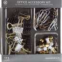 Office Accessory Kit, Office Supplies, Black and White with Gold, Push Pins, Paper and Binder Clips, 173 Count