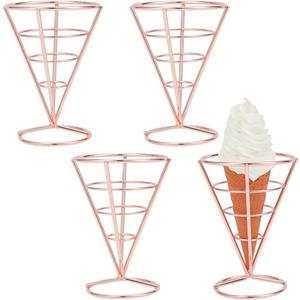 MAYJOYDIY 4 Pcs Rose Gold Stainless Steel Pizza Cone Holder Stand 4.1x5.4 Inches Ice Cream Cone Holder Food Cone Display Stands for Ice Cream Cones Snow Cones Hand Roll Sushi French Fries