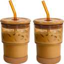 Zukro 13 oz/400ml Glass Cups with Bamboo Lid & Glass Straw, Non-Slip Bottom - Reusable Thick Wall Drinking Glasses for Iced Coffee, Tea, Water - BPA Free for Home, Office, Amber 2 Pack