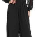 RED DOT BOUTIQUE 701 - Plus Size Mesh Long Sleeve V Wrap Neck Wide Leg Pants One Piece Jumpsuit (1X, Black)