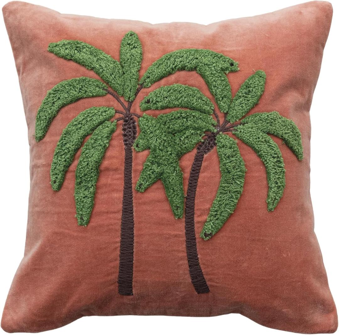Creative Co-Op Tropical Embroidered Velvet Pillow, Multicolor, Pink