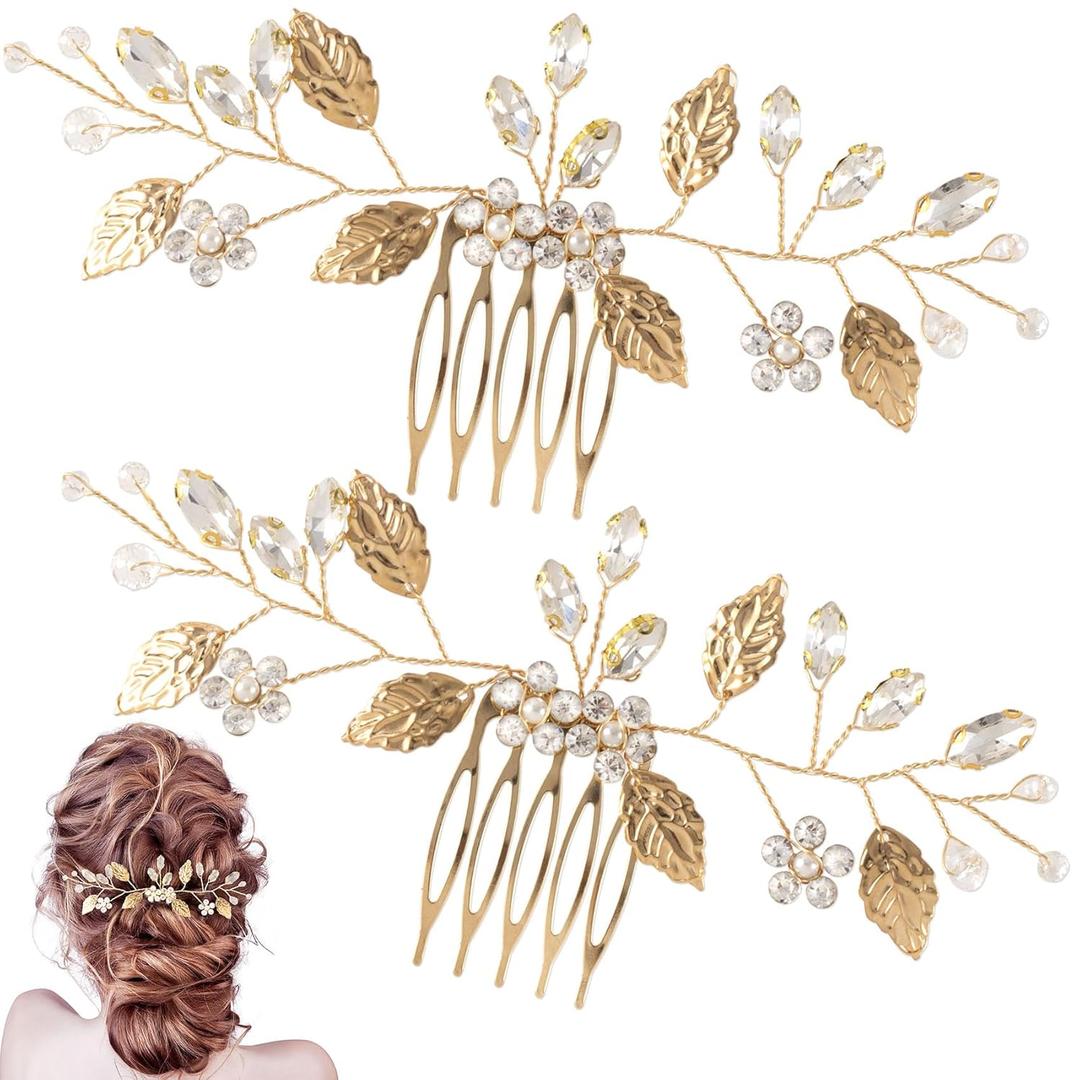 PAGOW 2 Pcs Leaf Hair Combs, Gold Rhinestone Hair Comb Clips, Hair Side Comb Clips, Crystal Wedding Headpiece Accessories For Women, Bride, Bridesmaid (4.90 x 2.58 inch)