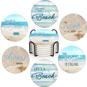 Britimes Coaster for Drinks Set of 6, Beach Shell Antique Teal Blue Table Absorbent Round Ceramic Stone Mat, with Cork Base and Metal Holder, Gift for Housewarming Room Bar Decor