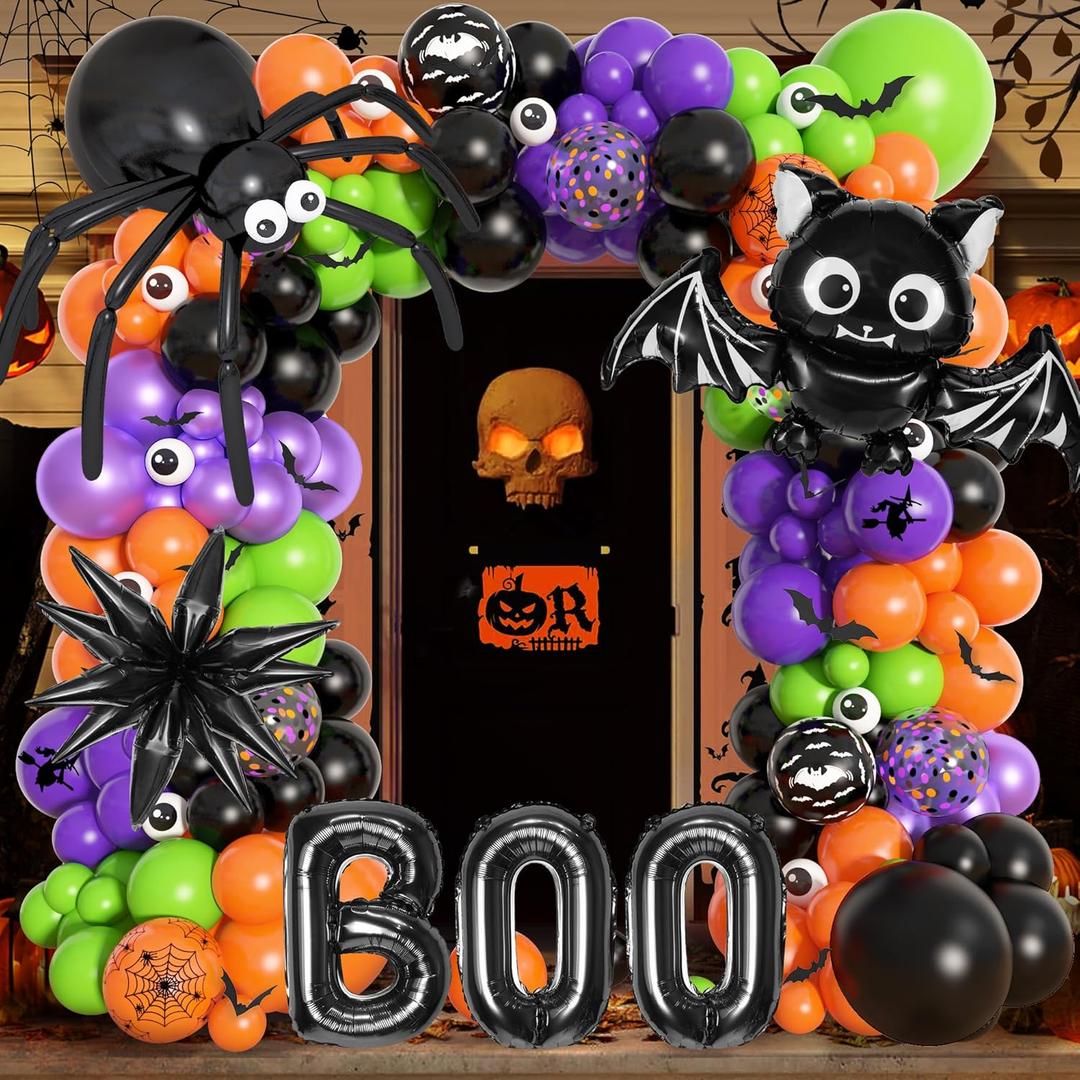 Ouddy Life 176Pcs Halloween Balloons Arch Garland Kit with Giant Spider Boo Bat Star Long Foil Balloon - Black Orange Purple Green Confetti Eyeball Balloon for DIY Birthday Halloween Party Decorations