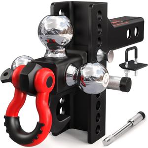 TYT Adjustable Tri-Ball Trailer Hitch for 2 inch Receiver, 4.5" Drop/Rise, Triple Balls (1-7/8", 2", 2-5/16") with Tow Hook & Shackle, 10,000 lbs GTW, 1,000 lbs TW, Pin Lock & Hitch Tightener