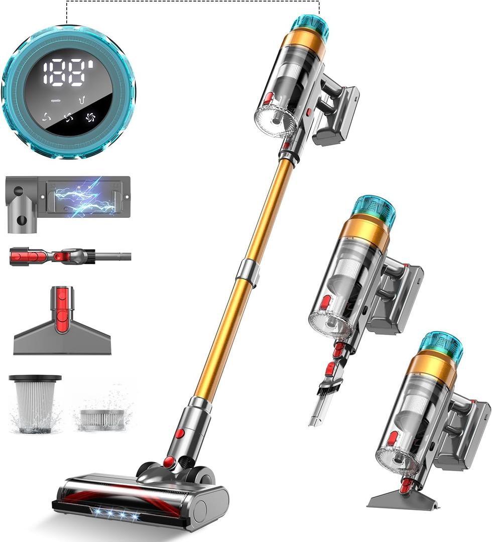 MBYULO Cordless Vacuum Cleaner for Home 600W 60Kpa Upgraded Powerful Stick Vacuum Up to 75Mins, Anti-Tangle & Wall Mount Charging, 8 in 1 Lightweight Vacuum Cleaners for Home/Pet Hair/Carpets/Floors (Gold)