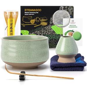 TEANAGOO Matcha Whisk Set Green, 7 Pcs Matcha Set, Matcha Kit for Ceremony, Matcha Tea Set for Making Breakfast/Latte,Whisk Set and Ceramic Bowl with All Accessories, Gift for Family/Friend