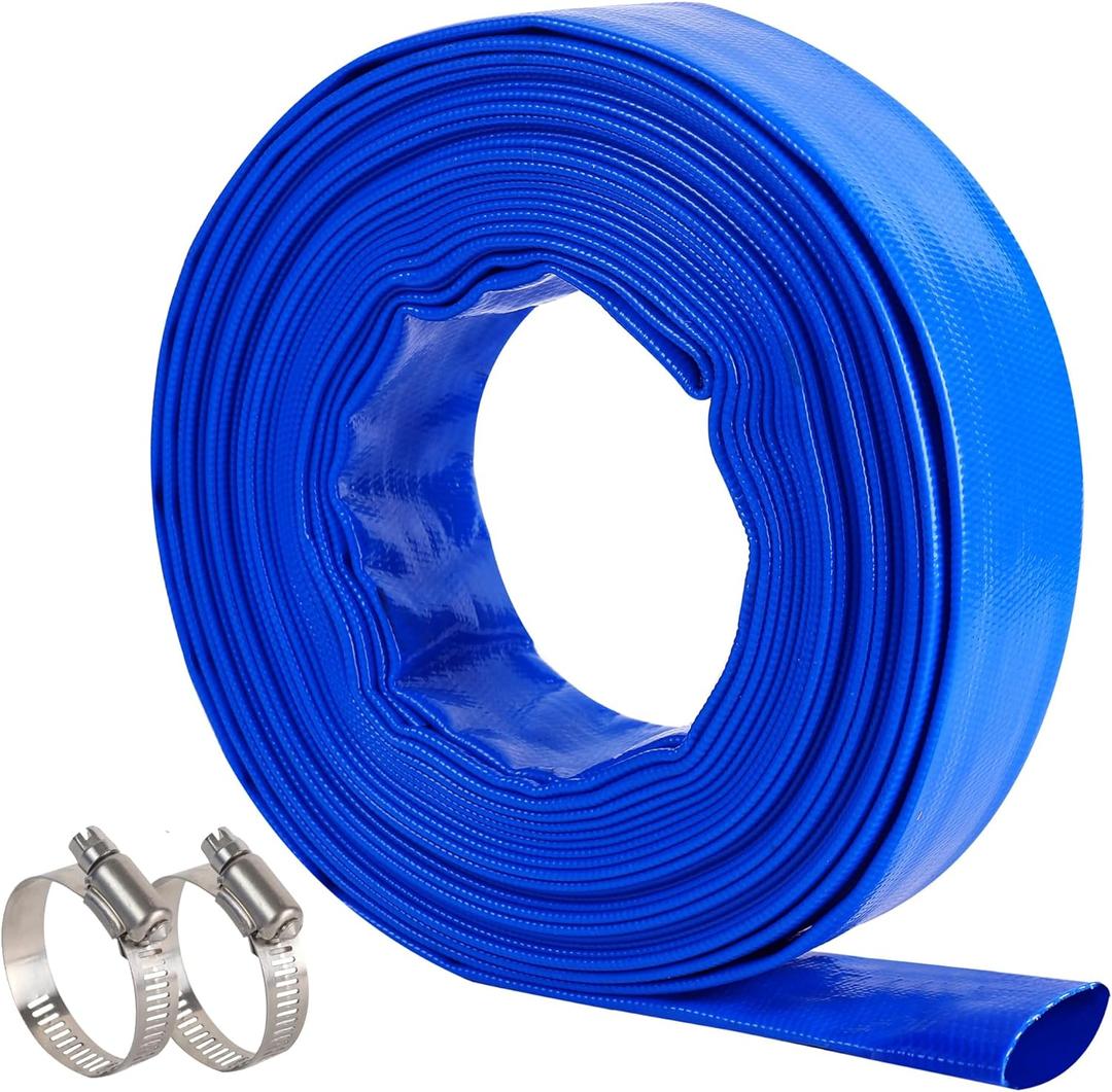 1-1/2" (Flat 2.6 width) x 50 FT Pool Backwash Hose, Blue Heavy Duty Reinforced PVC Lay Flat Water Discharge Hose for Swimming Pool Filter Pump,with 2 Clamp