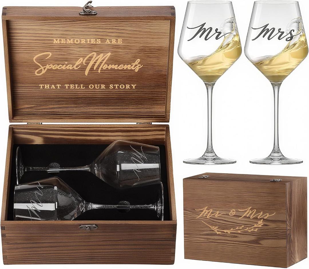 Mr, Mrs Wine Glasses Gifts for Wedding/Engagement/Bridal Shower, Classy Engagement Present, WEDDING Gift for Couples, Women, Bride to be, Newlyweds-Wedding Keepsake Box Gift Set