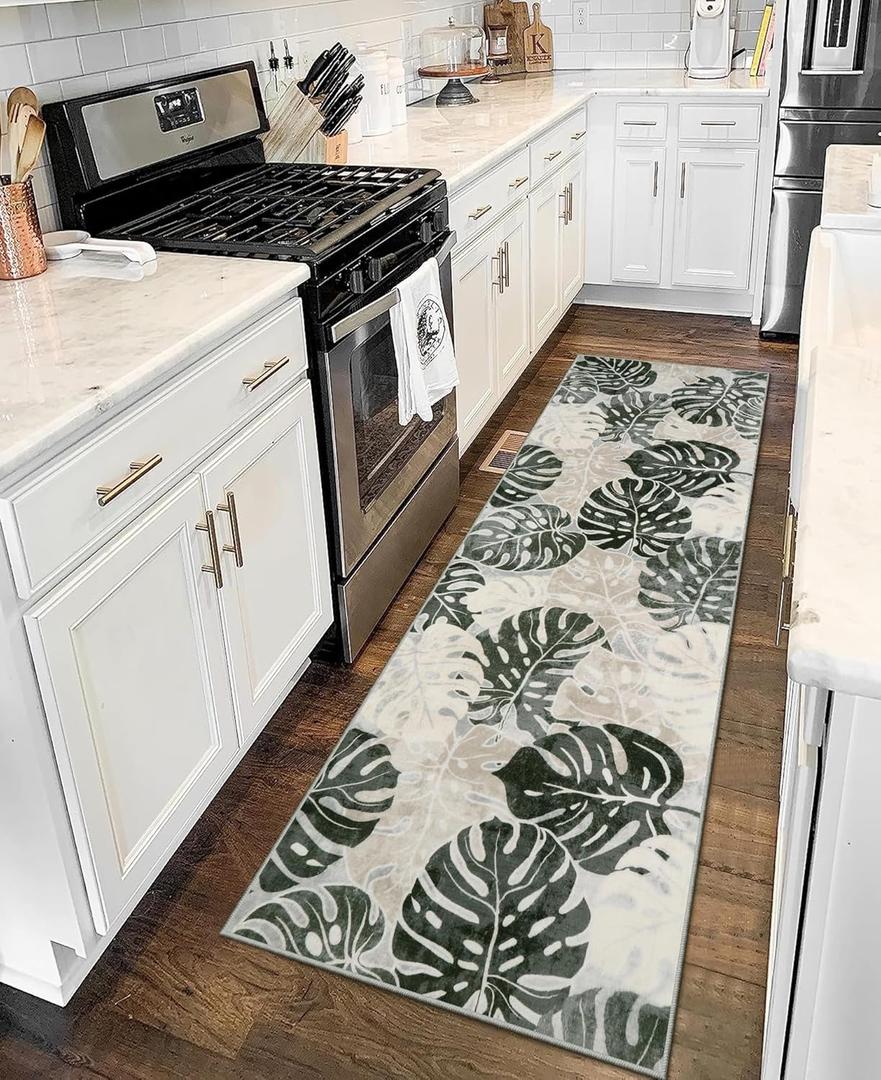 Wonnitar 2x6 Bathroom Rug Runner, Washable Leaf Runner Rugs for Hallway, Non-Slip Tropical Plant Long Carpet Monstera Low Pile Accent Mats for Bedside Kitchen Entrance Closet, Dark Jungle Green