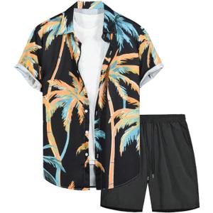 GORGLITTER Men's Patchwork Print Button Front Short Sleeve Collar Shirt and Drawstring Waist Shorts Set with Pocket (Black, L)