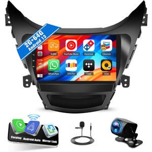 SIXWIN 2G+64G Android Car Stereo for Hyundai Elantra 2011 2012 2013 with Wireless CarPlay Android Auto Mirror Link 9 Inch Touchscreen Bluetooth GPS Navigation WiFi FM Backup Camera MIC