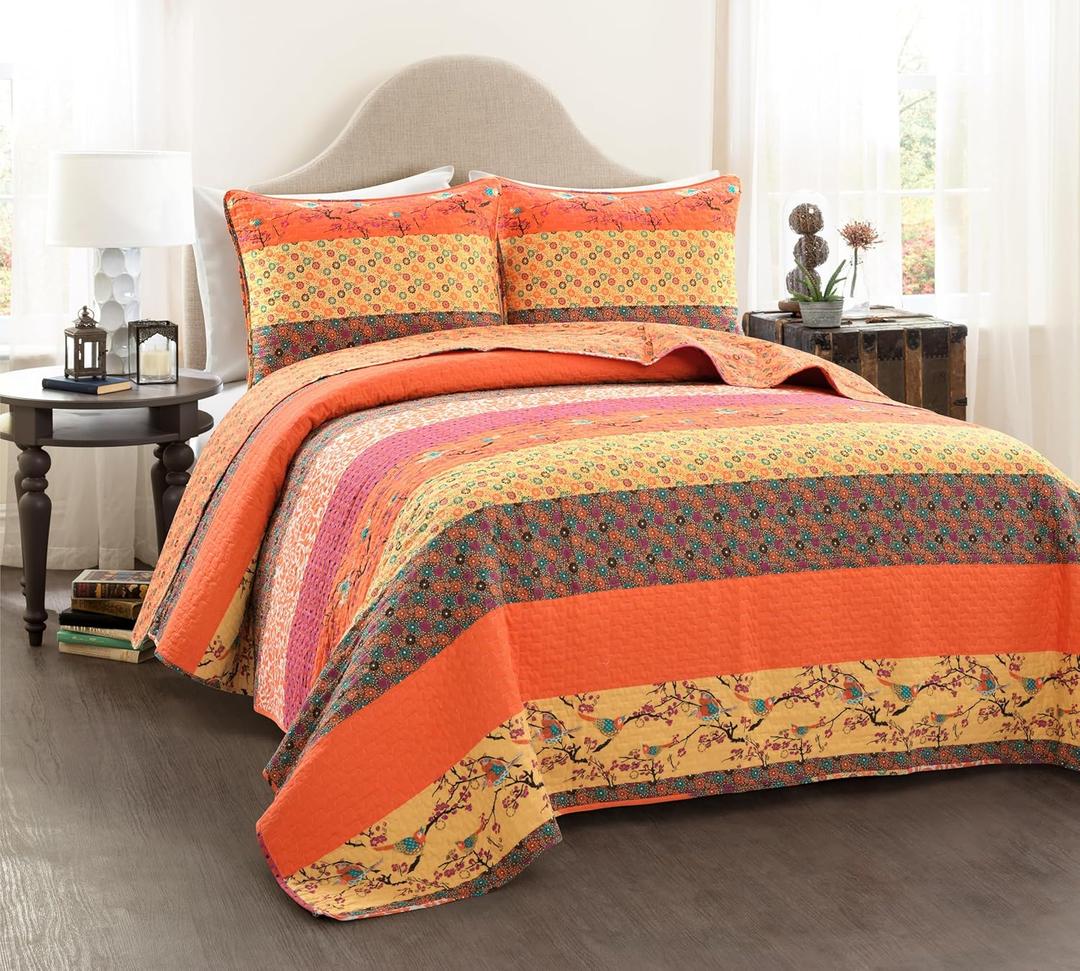 Lush Decor Royal Empire Reversible Cotton Quilt Set - 3 Piece Striped Bedding Set - Bold & Colorful Bohemian Patterns - Soft Cotton Feel - King, Tangerine