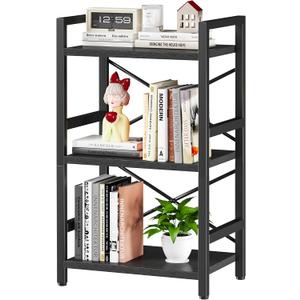 Homeiju Bookshelf, 3 Tier Industrial Bookcase, Metal Small Bookcase, Rustic Etagere Book Shelf Storage Organizer for Living Room, Bedroom, and Home Office(Black) Patent Pending D29873033
